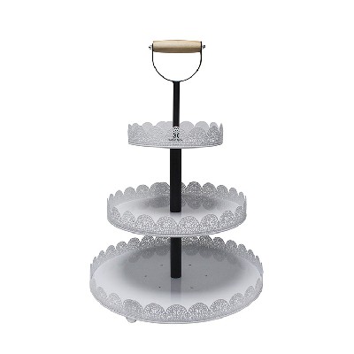 Party Wedding round white 3 tier metal cake stand with wood handle