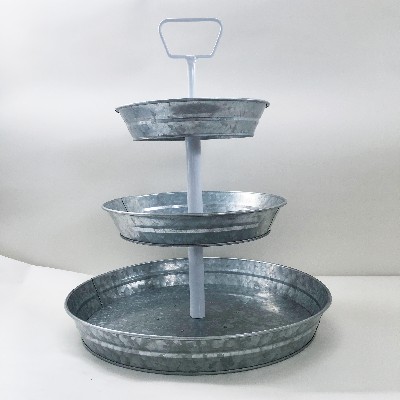 3 Tier Galvanized Round Serving Trays with White Handle