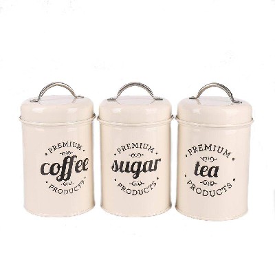 3 Piece Coffee, Sugar,Tea Metal Canister Set, Cream