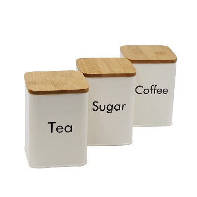 Cream Metal 3 Food Storage Containers for Coffee Tea and Sugar with Bamboo Lids