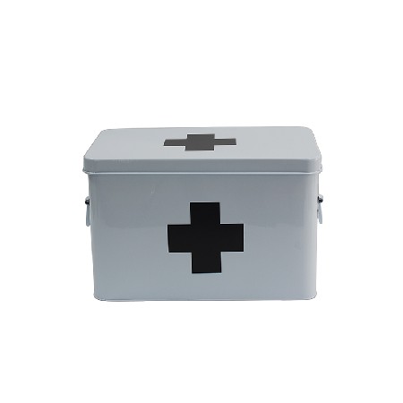 White Metal Home Storage First Aid Box with Lid &amp; Black Cross on Front