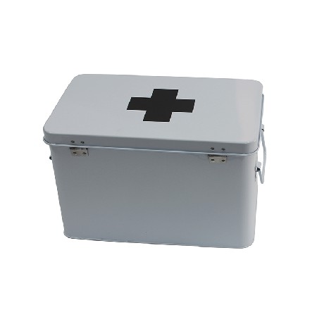 White Metal Home Storage First Aid Box with Lid &amp; Black Cross on Front