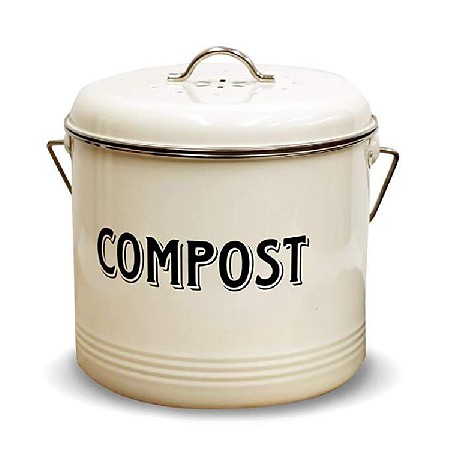 Compost Bin with FREE Charcoal Filters Vintage Cream Powder-Coated Carbon Steel | Kitchen Pail with Lid, Trash Keeper Container Bucket, Recycling Caddy